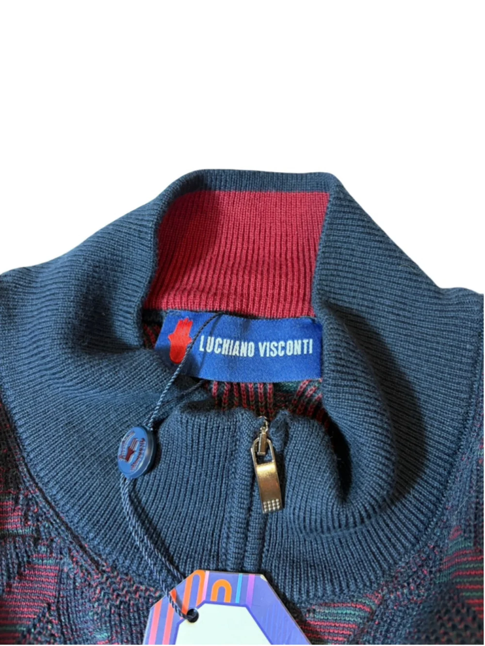 NWT Luchiano Visconti Mens XXL Abstract Jacquard Quarter Zip Sweater Navy